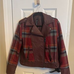 Design Lab for Lord and Taylor Leather and Plaid Jacket - Red and Brown